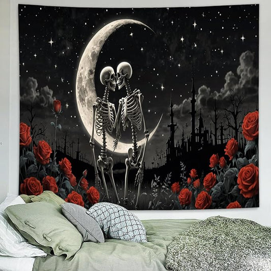 Delur The Lovers Skull Tapestry Gothic Black and White Romantic Constellation Skeleton Tapestry Floral Abstract Psychedelic Wall Hanging Headboard for Bedroom Living Room Home Decor (70.8" x 92.5")