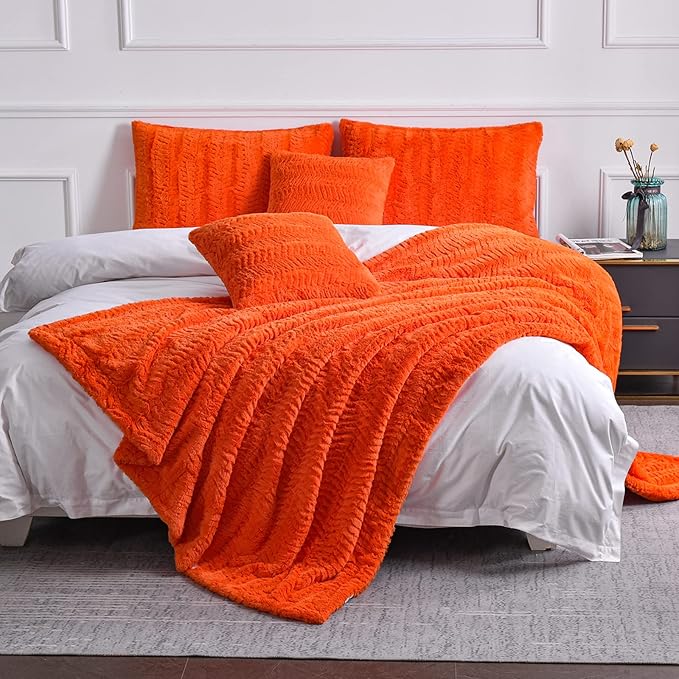 YUSOKI Luxury Faux Fur Blanket for Queen Size Bed 2 Layers,7.3lb,All Ages,Home Decoration Without Pillows (Burnt Orange,90"x90")