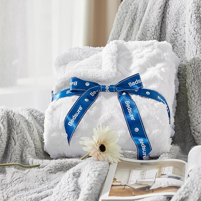 Bedsure Sherpa Fleece Blanket Twin Size for Bed - Fuzzy Soft Cozy Cable Throw for Couch, Thick Warm Blankets for Winter, White, 60x80 Inches