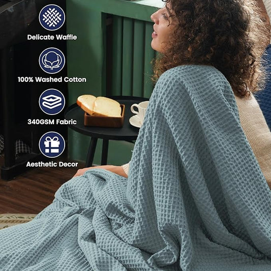 PHF Pre-Washed Cotton Waffle Weave Blanket King Size for Bed,Snag Proof Throw for Couch Spring Summer,Lightweight Breathable,Oeko-TEX Certified,Machine Washable, Home Decor Gift-Ocean/Sliver Blue