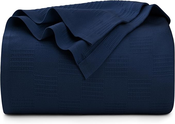 Utopia Bedding Navy 100% Cotton Blanket [Queen Size - 90x90 Inch] 350GSM Lightweight, Soft and Breathable Thermal Blanket for All Seasons