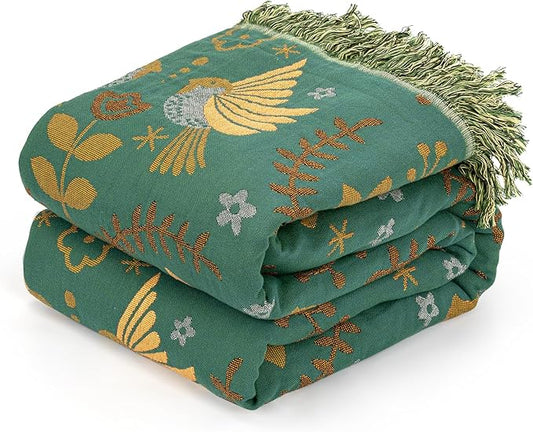 MACEVIA 100% Cotton Boho Throw Blanket, Soft Lightweight Green Bird Floral Design, 60"x80" Twin Size Bedspread for Couch Sofa, Bed, Travel, Cottagecore Decor, with Fringe Tassels (Bird Floral)