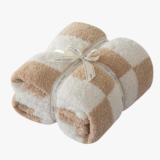 Checkered Throw Blanket for Couch - Super Soft Knit Bed Blanket，Fluffy Fuzzy Plush Lightweight Cozy Blankets for Sofa ，Light Brown，50" x 70"