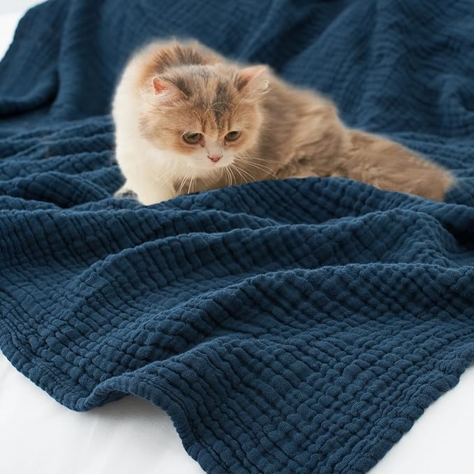 Carriediosa 100% Cotton Muslin Throw Blanket 90" X 90" Queen Size，4-Layers Summer Gauze Throws for Bed Couch，Soft Lightweight Breathable Linen Blankets Bedspread for Adults All Season，Navy Blue