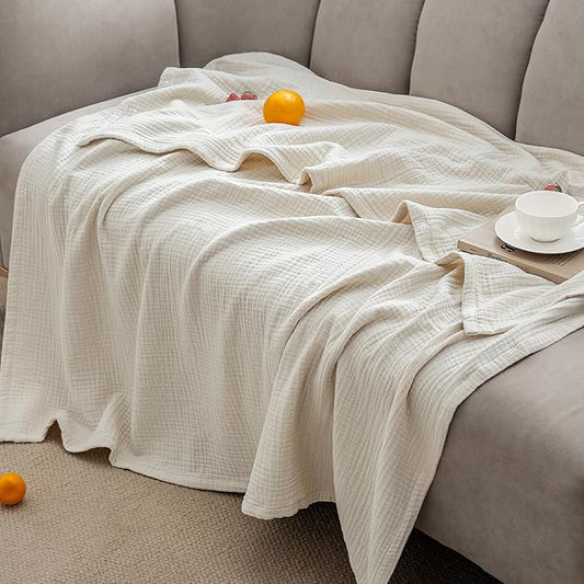 PHF 100% Cotton Muslin Blanket Twin Size 66" x 90", 4-Layer Lightweight and Breathable Blanket for Summer, Luxuriously Soft Gauze Bedding for Bed, Natural Minimalism Style, Ideal Gift, Oat Milk