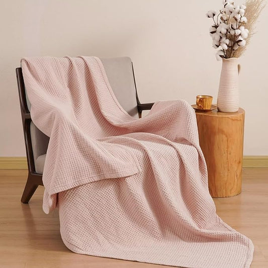 PHF 100% Cotton Waffle Muslin Throw Blanket Large 50" x 70", Lightweight and Breathable Washed Cotton Blanket, Aesthetic Soft Muslin Waffle Bedding for Sofa Bed Home Decor, Rose Smoke