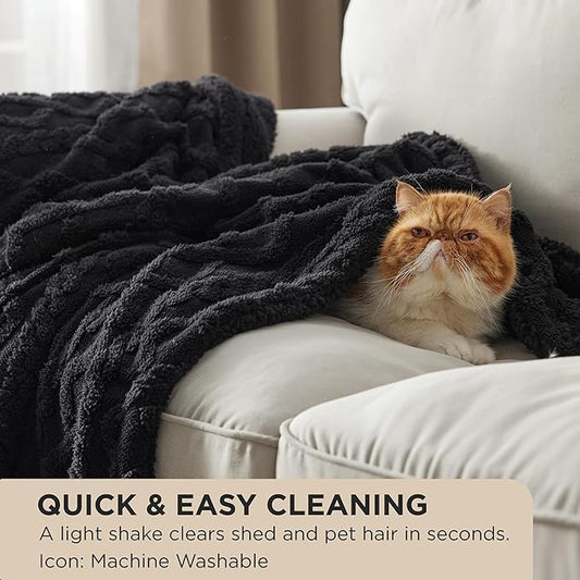 Bedsure Sherpa Fleece Blanket Twin Size for Bed - Fuzzy Soft Cozy Cable Throw for Couch, Thick Warm Blankets for Winter, Black, 60x80 Inches