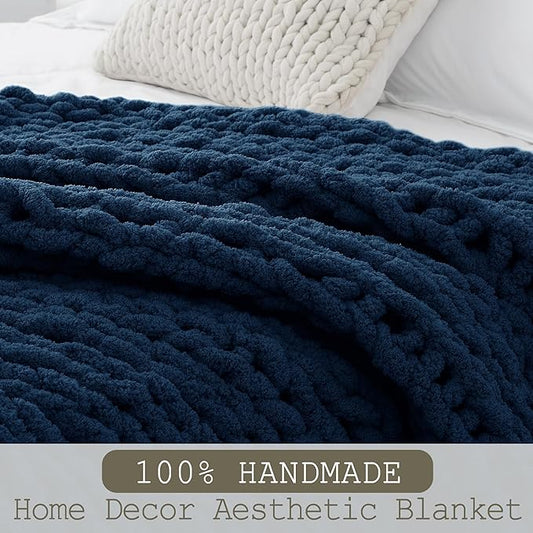 Chunky Knit Throw Blanket 60"X 80", 100% Handmade with Soft Chenille Yarn, 6.7lbs Thick Cable Knitted Blankets, Large Rope Knot Crochet Throws for Couch Sofa Bed Home Decor, Navy Blue