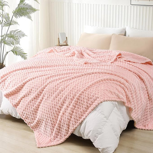 PHF Ultra Soft Flannel Fleece Blanket Queen Size, Lightweight 3D Jacquard Fleece Blanket, No Shedding, No Pilling, Luxury 340GSM Aesthetic Fluffy Cozy for Bed Room Decor, 90"x90", Pink
