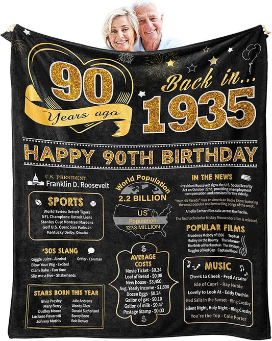 90th Birthday Gifts for Women Men, Birthday Gifts for 90 Year Old Woman Man, 90 Year Old Birthday Gifts for Women Men, 90th Birthday Gift Ideas Throw Blanket 60 x 50 Inch, Women 1935 Birthday Gifts