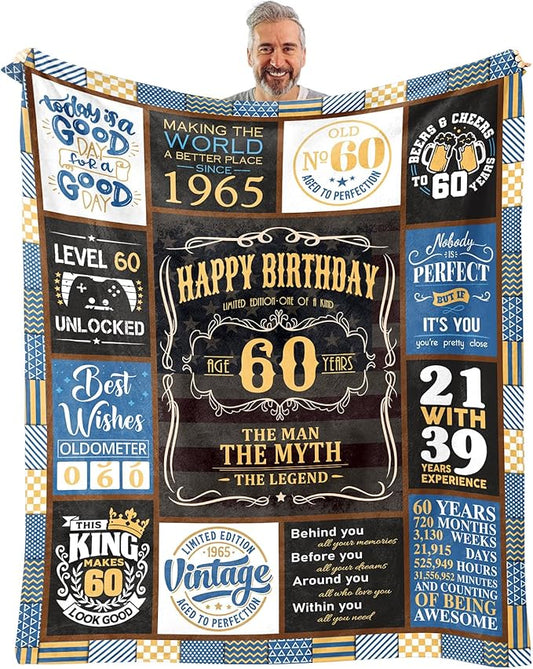 60th Birthday Gifts for Men Blanket 60 x 50 inch, 60 Year Old Birthday Gifts for Men, Gift for 60 Year Old Man, 1965 Mens 60th Birthday Gift Ideas Male, 60 th Birthday Gift for Dad