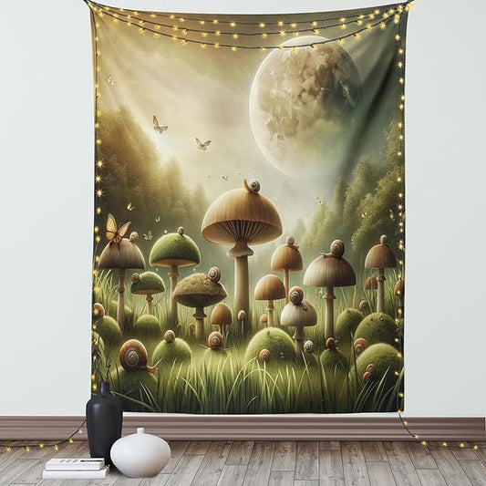 Ambesonne Mushroom Tapestry, Dreamy Space Aura Fantasy Meadow Illustration Featuring Moon and Woods, Wall Hanging for Bedroom Living Room Dorm Decor, 40" X 60", Reseda Green and Khaki
