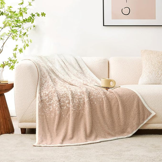 Snuggle Sac Beige Throw Blanket for Couch, Reversible Super Soft Warm Blankets Cozy Knit Blanket Fuzzy Plush Lightweight Throws for Sofa, Bed, Picnic, Ombre Beige, 50 x 60 inches
