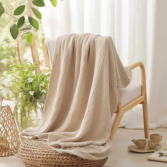 100% Cotton Blanket Large 50"x 70", 6 Layers Muslin Blankets, Cooling and Soft Throw Blanket for Couch, Breathable Quilt Bedspread, Gauze Bedding for Adults, Oatmeal, Beige Linen