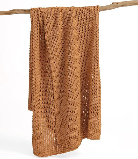 Chunky Cotton Knit Throw Blanket, Light Weight Cable Knit Throws for Bed Couch Sofa, Comfy & Relaxing, Decorative Piece for Farmhouse Rustic Scandinavian Chic Vibe, Turmeric Yellow 60x80 Inches