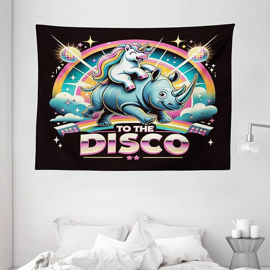 Ambesonne Funny Tapestry, Whimsical Colorful to the Disco Lettering Cheery Unicorn Riding a Wild Animal, Wide Wall Hanging for Bedroom Living Room Dorm, 80" X 60", Black Multicolor