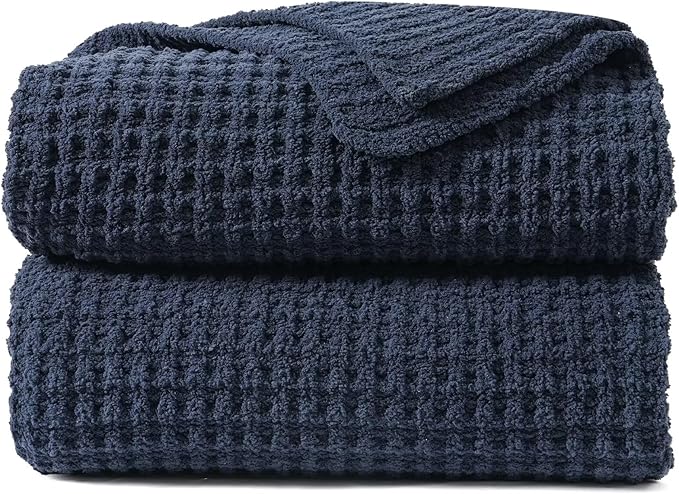 PHF Chenille Waffle Knit Blanket Twin Size- Plush Warm & Cozy 60" x 80" Ultra Soft Blanket- Chunky Fluffy Waffle Bedding for Home Decor - Navy Blue