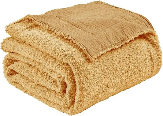 EMME Muslin Cotton Fleece Throw Blanket Reversible - 50"*60" Beige Soft Warm Throw Blankets for Couch Bed Picnic Travel Bed