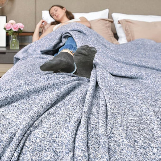 KAWAHOME Summer Sweatshirt Blanket Twin Size for Bed-Lightweight Breathable Blankets,Soft Thin Knit Jersey Blanket for Hot Sleepers,66 X 90 Inches, Heather Blue