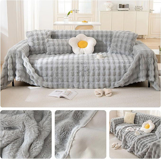 AMWAN Ultra Soft Fuzzy Faux Rabbit Fur Couch Cover for Sofa,Bed Long Shaggy Thick Warm Fluffy Sofa Slipcover for Dogs,Cats,Kids,Decorative Gray Cozy Plush Cute Bubble Furry Blanket Grey,71x118’’