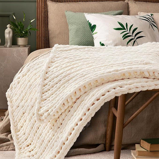 Cream White Throw Blanket, 50" x 60" Chunky Knit Blanket, Handmade Warm & Soft Chenille Throw Blanket, Washable Decorative Knit Blanket with Jumbo Chenille Yarn for Couch Bed Sofa