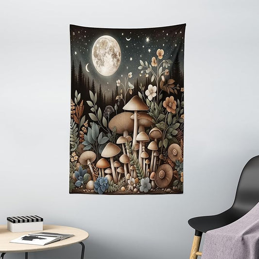 Ambesonne Aesthetic Tapestry, Night Forest Scene with Boho Nature Mushroom Leaves Stars and Full Moon, Wall Hanging for Bedroom Living Room Dorm Decor, 40" X 60", Sepia and Grey Teal