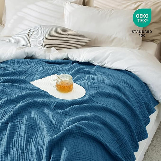 Carriediosa 100% Cotton Muslin Throw Blanket 108" X 90" King Size，4-Layers Summer Gauze Throws for Bed Couch，Soft Lightweight Breathable Linen Blankets Bedspread for Adults All Season，Dusty Blue