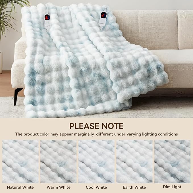 Heated Blanket Throw with 1/2/4/6/8 Hours Auto-Off 10 Heat Level, 90'' * 100'' Cozy Faux Rabbit Fur Bubble Electric Blanket with Overheat Protection(Blue)