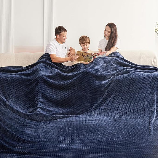 Oversized King Fleece Blanket 120x138 Inches, Seamless Soft Cozy 3D Jacquard Flannel Blanket 10'x11.5' Extra Large for Bed, Sofa, Couch, Travel & Camping, California King Throw, Navy Blue Leaf