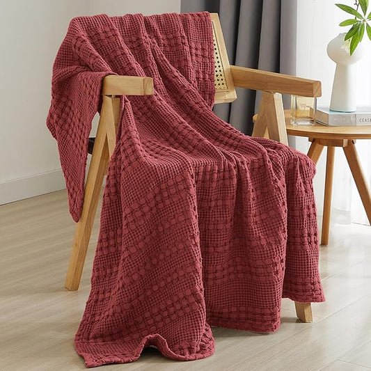 PHF 100% Cotton Waffle Weave Throw Blanket, Soft Lightweight Breathable Cozy Summer Throws for Couch Bed Sofa, Luxury Aesthetic Woven Blanket for Home Decor & Office, 50"x60", Wine Red