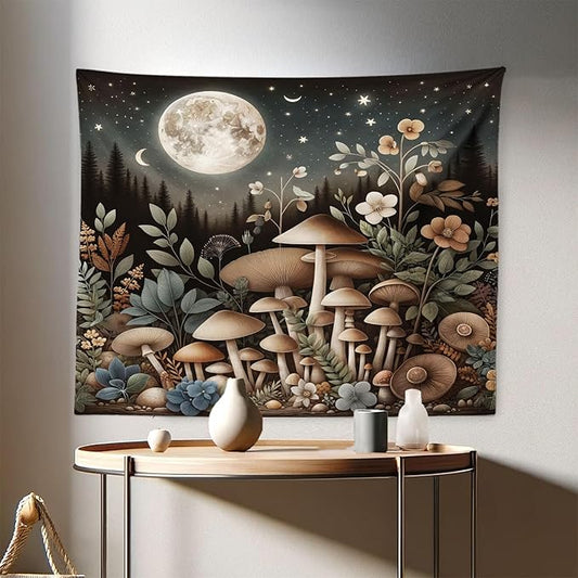 Ambesonne Aesthetic Tapestry, Night Forest Scene with Boho Nature Mushroom Leaves Stars and Full Moon, Fabric Wall Hanging Decor for Bedroom Living Room Dorm, 28" X 23", Sepia and Grey Teal
