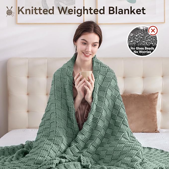 Knitted Weighted Blanket Kids, No Beads Heavy Blanket 36” x 48'' 5lbs, Breathable Chunky Knit Blanket, Cooling Weighted Blanket for Hot Sleepers, Christmas Home Decor (Light Green)