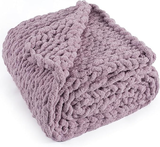 Chunky Knit Throw Blanket 50"X 60", 100% Handmade with Soft Chenille Yarn, 4.4lbs Thick Cable Knitted Blankets, Large Rope Knot Crochet Throws for Couch Sofa Bed Home Decor, Purple
