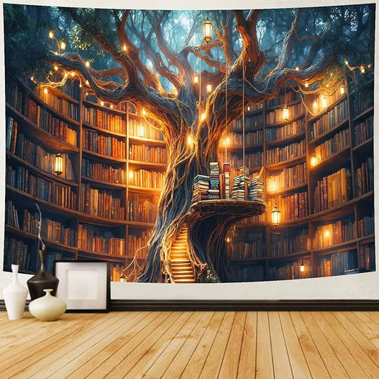 Delur Fantasy Library Tapestry Mysterious Bookshelf Fairytale Magic Tree Tapestry Wall Hanging Vintage Book Art Abstract Psychedelic Headboard for Bedroom Living Room Home Decor (51.2" x 59.1")