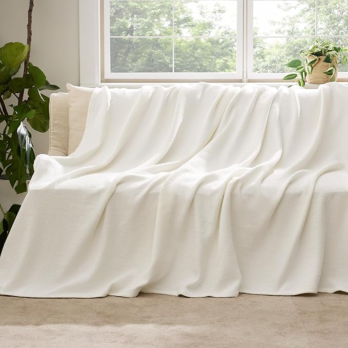 Bedsure 100% Cotton Large Throw Blanket for Couch 50x70 inches - Breathable and Lightweight, Soft Cozy Herringbone Woven Blanket for Summer Spring, Ivory