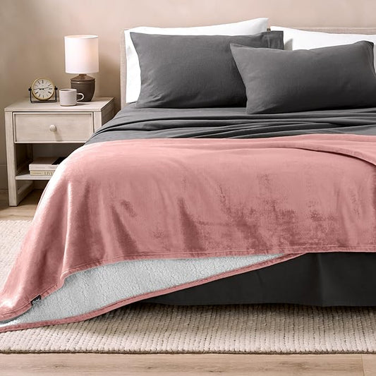 Bare Home Sherpa Fleece Blanket - Full/Queen Size - Blanket for Bed, Sofa, and Couch - Warm & Lightweight - Fluffy & Soft - Reversible (Full/Queen, Old Rose)