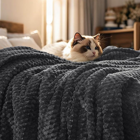 PHF Ultra Soft Flannel Fleece Blanket Twin Size, Lightweight 3D Jacquard Fleece Blanket, No Shedding, No Pilling, Luxury 340GSM Aesthetic Fluffy Cozy Bedding for Bed Room Decor, 66"x90",Dark Grey