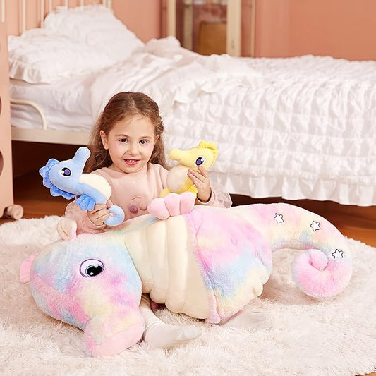 IKASA Giant Seahorse Stuffed Animal Plush Toy,30" Large Sea Horse Cute Jumbo Soft Toys,Huge Big Size Plushy Plushie with Two Babies,Gifts for Kids