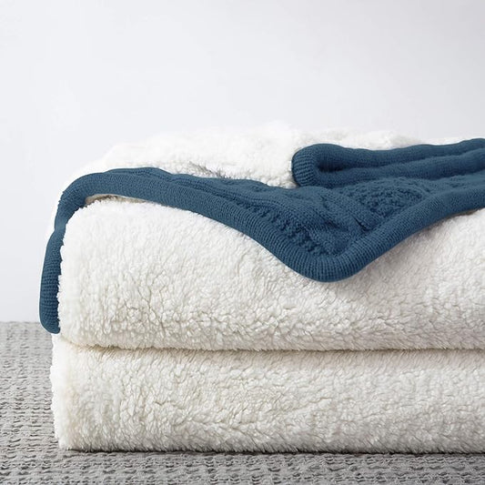 Longhui bedding Acrylic Cable Knit Sherpa Throw Blanket - Thick, Soft, Big, Cozy Grey Blue Knitted Fleece Blankets for Couch, Sofa, Bed - Large 50 x 63 Inches Gray Blue Coverlet All Season
