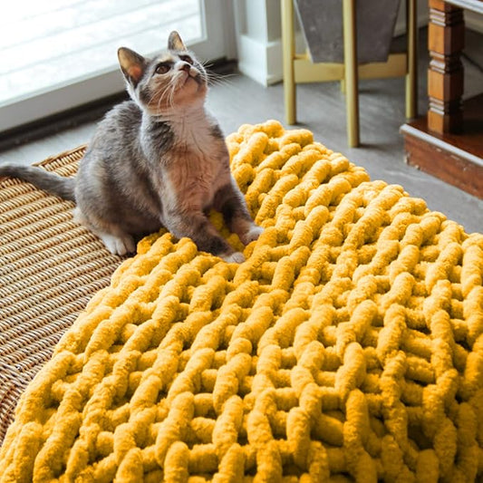 Adyrescia Chunky Knit Blanket Throw | 100% Hand Knit with Jumbo Chenille Yarn (40"x50", Harvest Yellow)