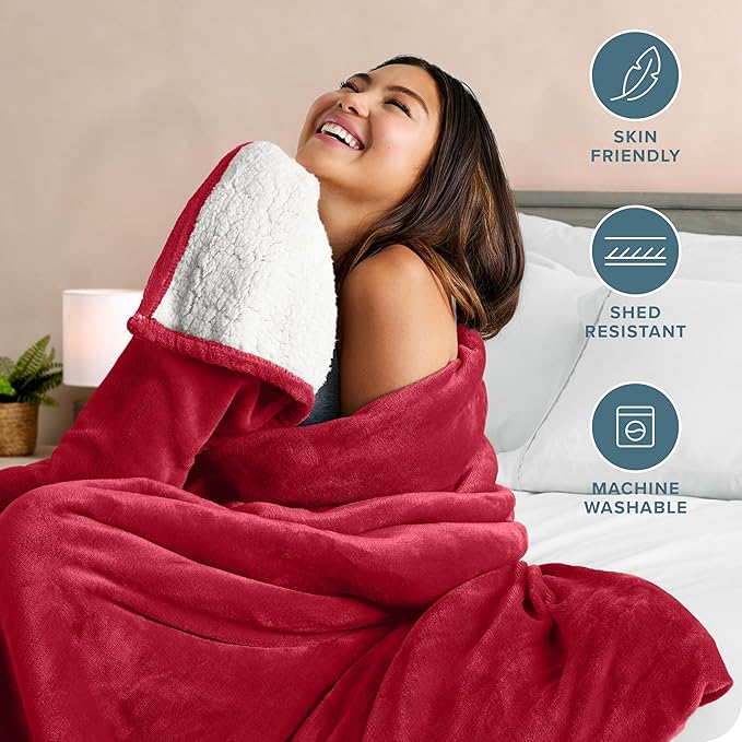 Bare Home Sherpa Fleece Blanket - King Size - Blanket for Bed, Sofa, and Couch - Warm & Lightweight - Fluffy & Soft - Reversible (King, Red)
