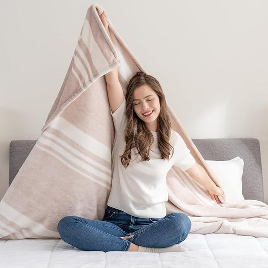 Berkshire Blanket-Classic Heavyweight Soft Printed VelvetLoft® Plush Warm Blanket, Twin Size Soft Fuzzy Blanket for Couch Sofa Bed, Stripe Cream, 60in x 90in