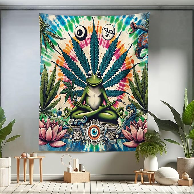 Ambesonne Trippy Tapestry Twin Size, Jumble Composition of Frog Featuring Tie Dye Effect Esoteric Floral Eyes, Wall Hanging Bedspread Bed Cover Wall Decor, 68" X 88", Multicolor Fern Green