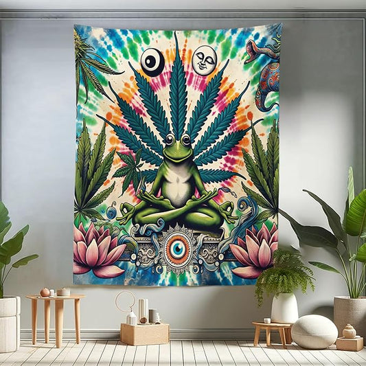 Ambesonne Trippy Tapestry Twin Size, Jumble Composition of Frog Featuring Tie Dye Effect Esoteric Floral Eyes, Wall Hanging Bedspread Bed Cover Wall Decor, 68" X 88", Multicolor Fern Green
