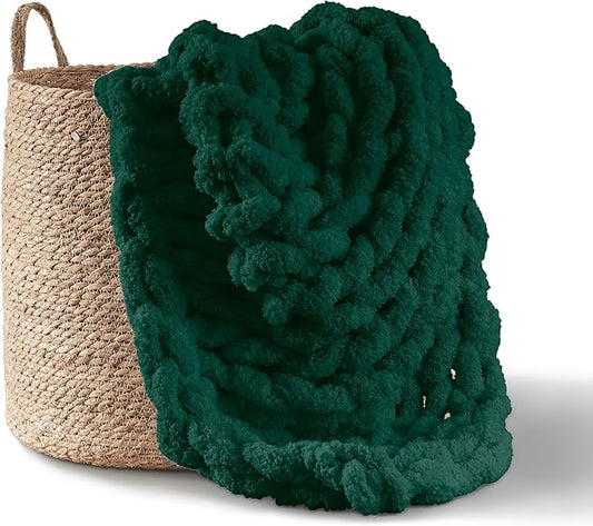 Adyrescia Chunky Knit Blanket Throw | 100% Hand Knit with Jumbo Chenille Yarn (50"x60", Forest Green)