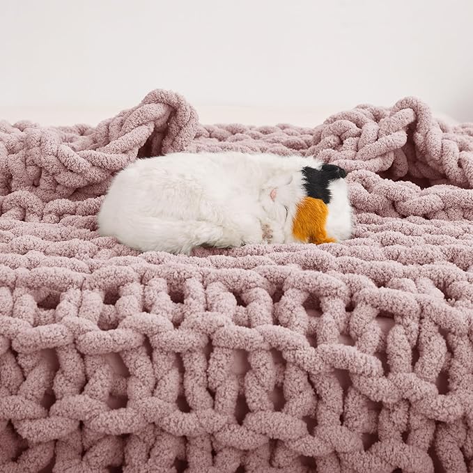 Knit Blanket 50"x60" Pink Cream Soft Washable Chenille Throw Blanket Cozy 100% Handmade Crochet Blankets with Jumbo Chenille Yarn for Couch Bed Sofa Room Decor