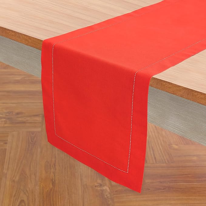 Solino Home Table Runner 90 Inches Long - Cotton Linen Hemstitch Poppy Red Table Runner 14 x 90 Inch for Summer, Halloween