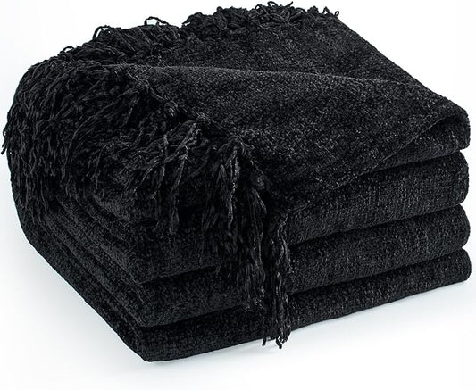 Chenille Throw Blanket for Couch 50"X 60", Soft Cozy Throws with Fringe Tassel for Bed Sofa Chair, Lightweight Knitted Decorative Farmhouse Boho Blankets for Gift, Black