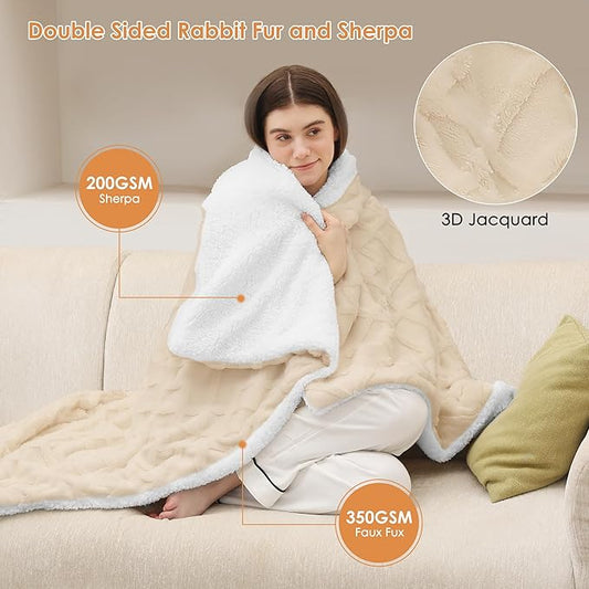 ESTINGO Faux Fur Electric Throw Blanket, Luxury Furry Throw Heated Blanket, 3D Geometric Thick Rabbit Fux Fluffy Heating Blanket with 5 Heating Levels & 4 Hours Auto Off, 50" x 60" Milk Coffee