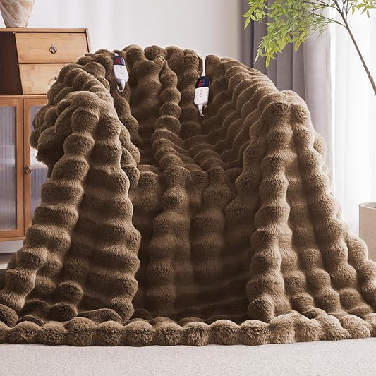 Heated Blanket Throw with 1/2/4/6/8 Hours Auto-Off 10 Heat Level, 90'' * 100'' Cozy Faux Rabbit Fur Bubble Electric Blanket with Overheat Protection(Brown)